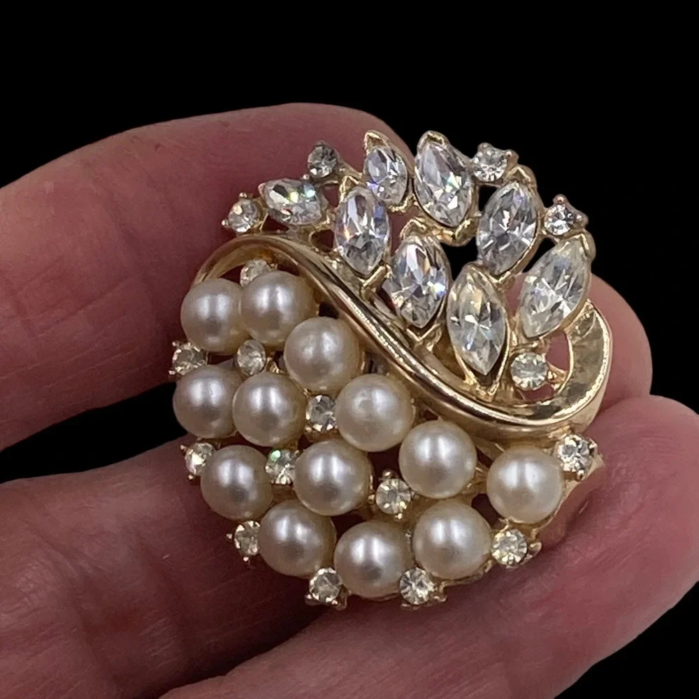 Fabulous Large Trifari Rhinestone Faux Pearl Earrings